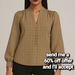 Rendezvous Nehru Collar Windowpane Check Blouse Tan 14